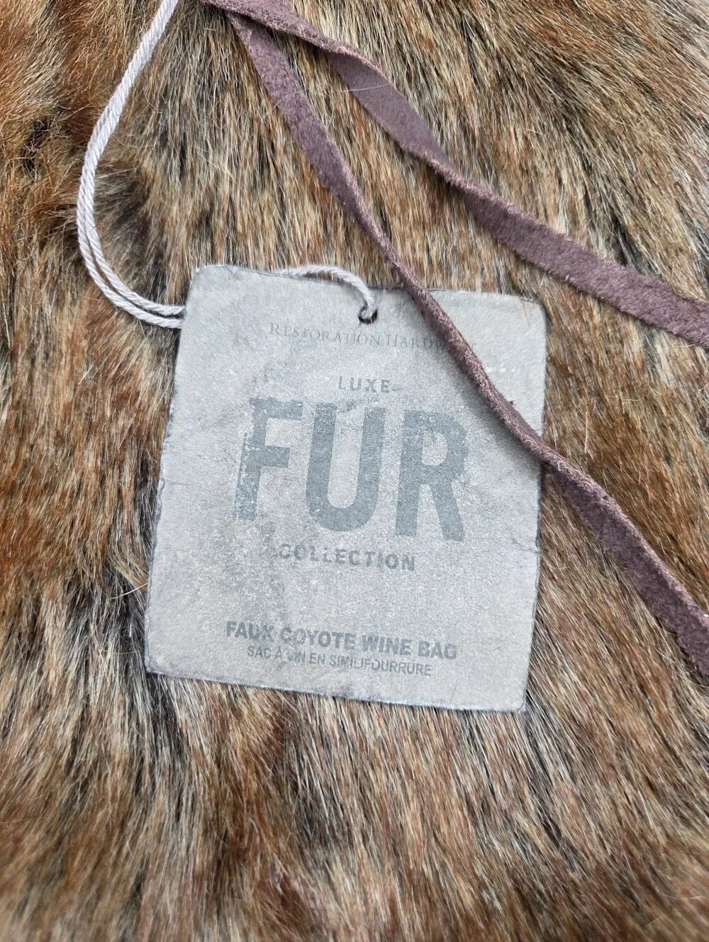 Restoration Hardware Luxe Faux Fur Coyote Wine Bag NWT Gift Bottle Bag